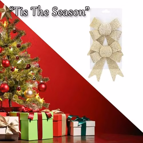 VFM e-Store Tinsel Bows Christmas Decoration, Pack of 2, Gold and Beige, W/D/H: 13 x 17 x 4.5 cm – 5