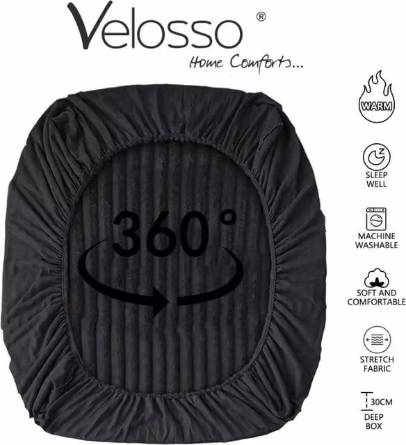 Velosso Plush Supersoft Jumbo Cord Ribbed Fitted Sheet, Black, Superking, W/D: 200 x 200 cm
