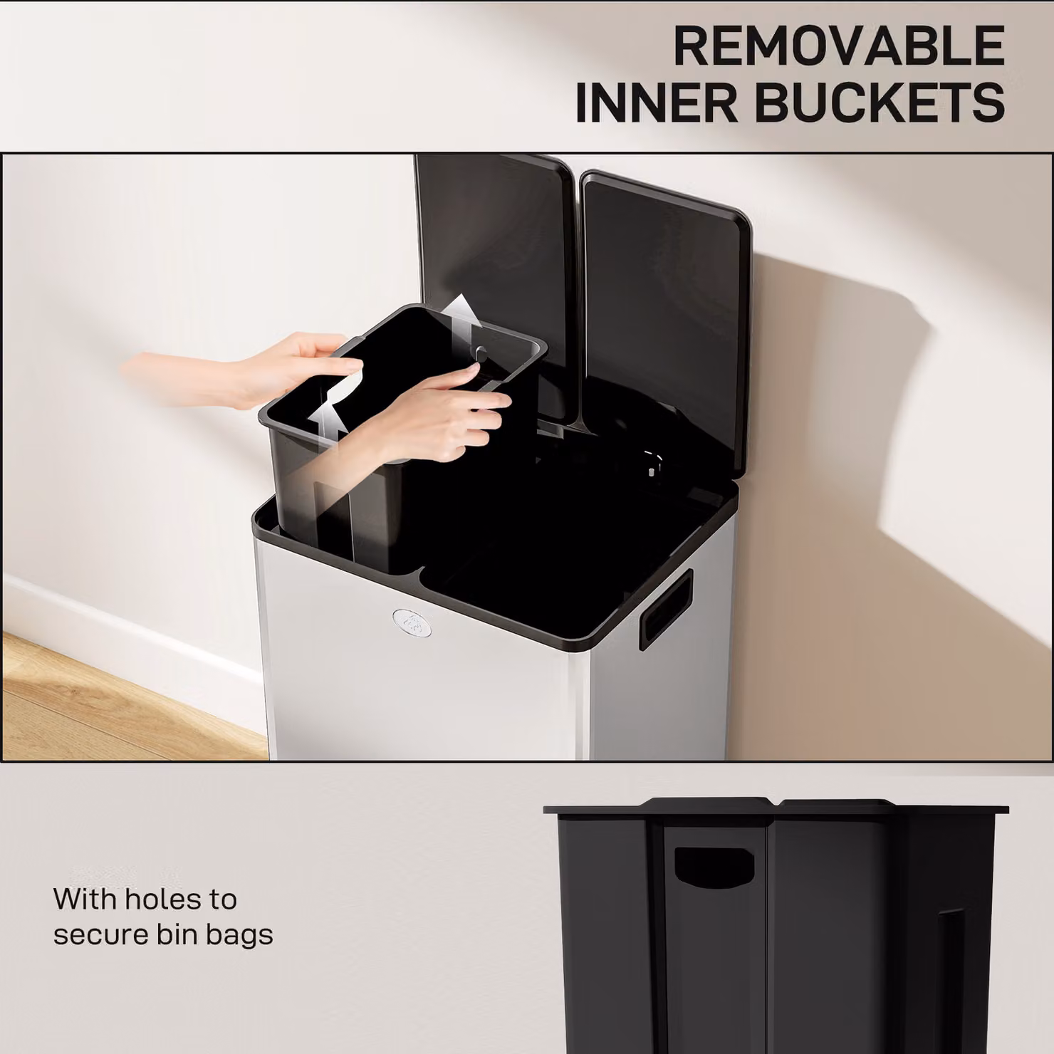 HOMCOM 56L Dual Compartment Stainless Steel Pedal Bin with Deodoriser Holders in Silver Tone – 6