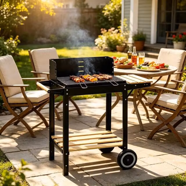 Gr8 Garden Portable Charcoal BBQ Grill with Side Shelf and Wood Cart, Black