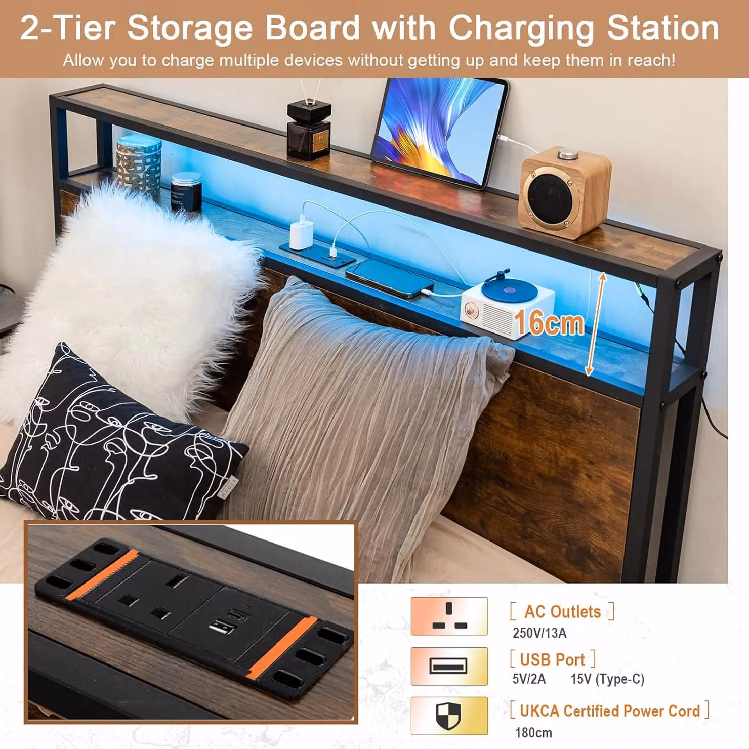 Gymax King Size Metal Bed Frame in Brown with LED Lights, USB Charging Port, Bedside Shelf and Drawers, 180 x 200 cm – 2
