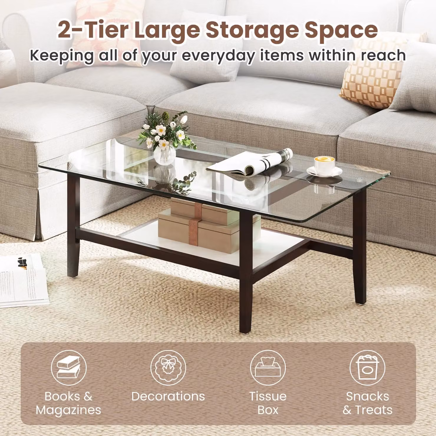 Gymax 2-Tier Glass and Rubberwood Coffee Table with Storage Shelf, Brown – 5