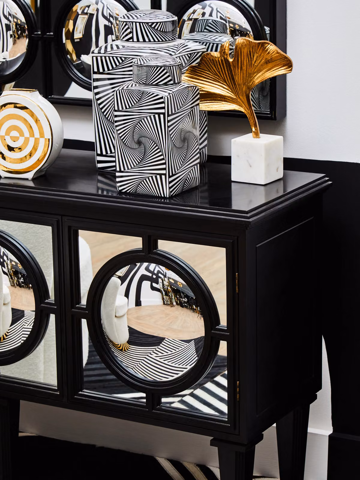 Fifty Five South Modern Geometric Black Sideboard with Mirror Top – 2