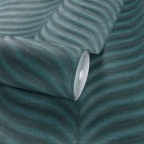 Grandeco Boutique Collection Organic Feather Embossed Vinyl Wallpaper, Petrol Green and Gold