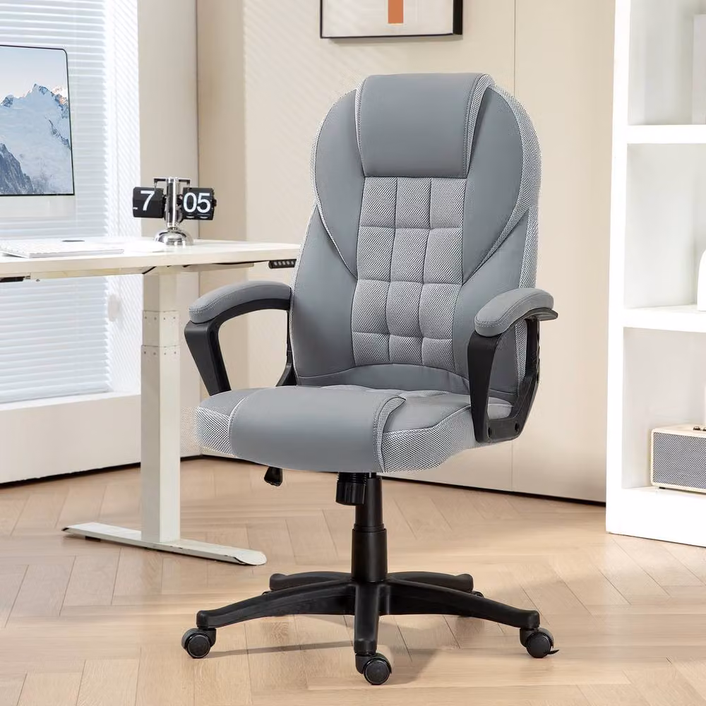 ERGOVEXA Grey Faux Leather Executive Swivel Office Chair with Armrests and Castors – 3