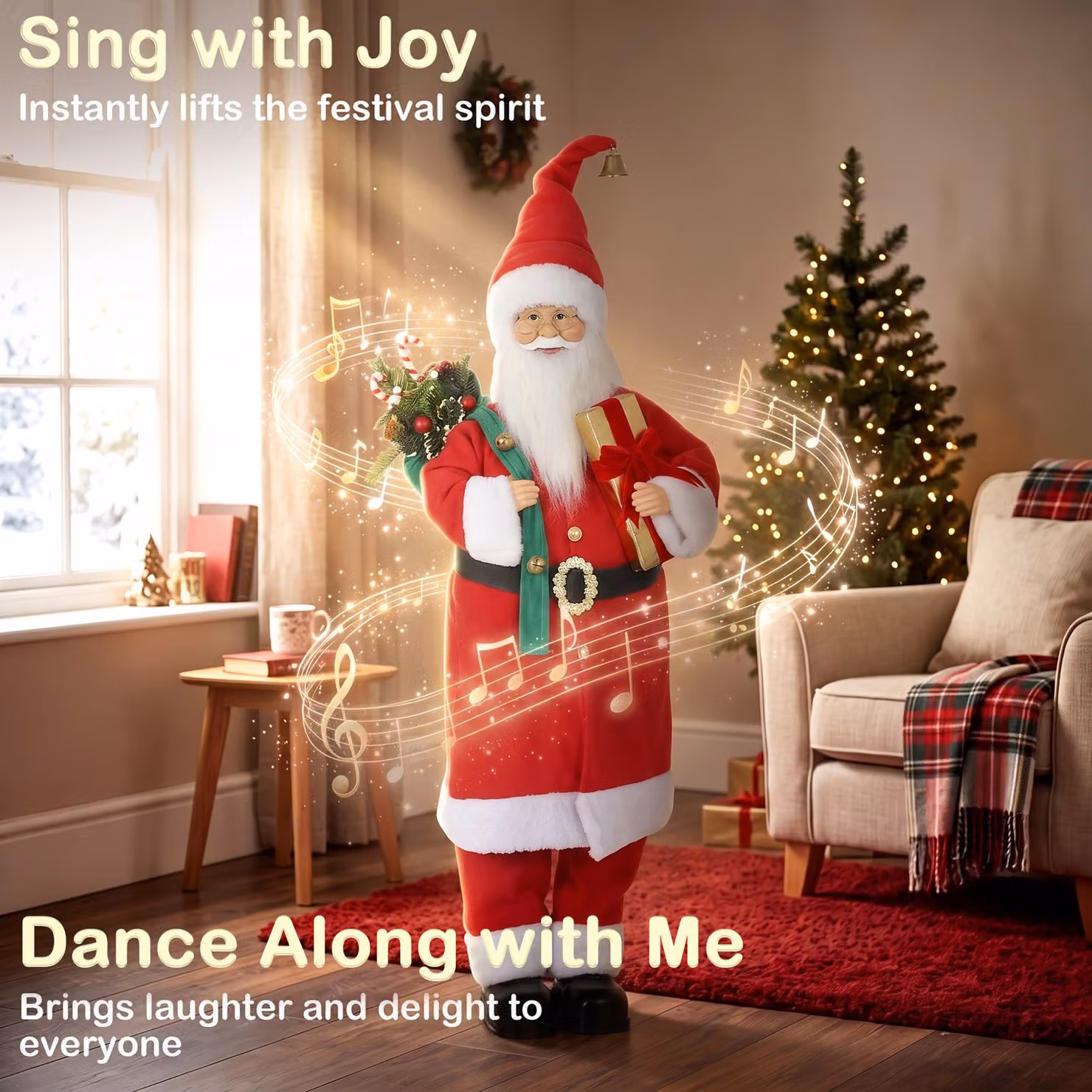 HOMCOM Singing and Dancing Animated Santa Claus Figure in Red and Gold with Gift and Sack, Sound and Touch Activated, Height: 121.92 cm – 4