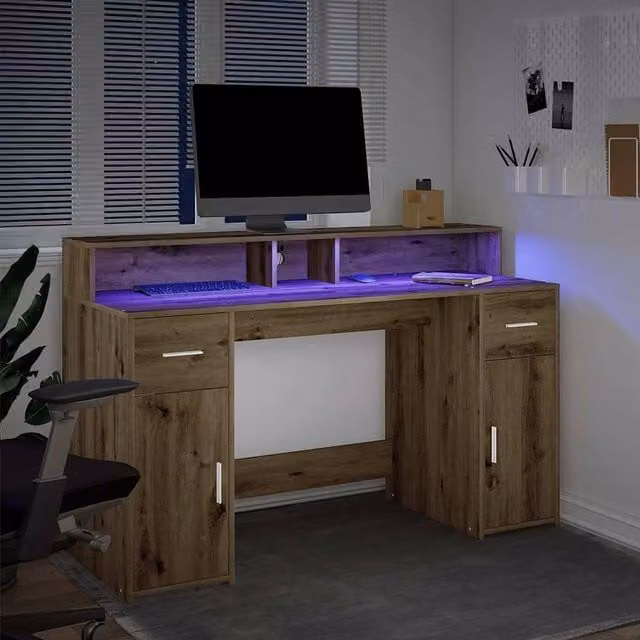 Berkfield Home Soft Gaming Desk with LED Lights in Artisan Oak Brown, W/D/H: 140 x 55 x 91 cm