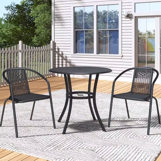 Komore Modern Round Metal Dining Table with Umbrella Hole in Matt Black