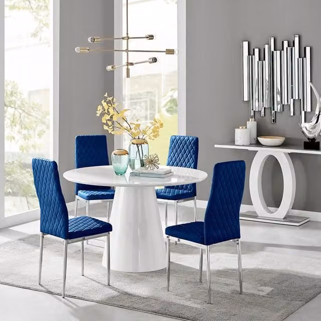 FurnitureboxUK Palma White High Gloss Round Dining Table and 4 Navy Velvet Milan Chairs