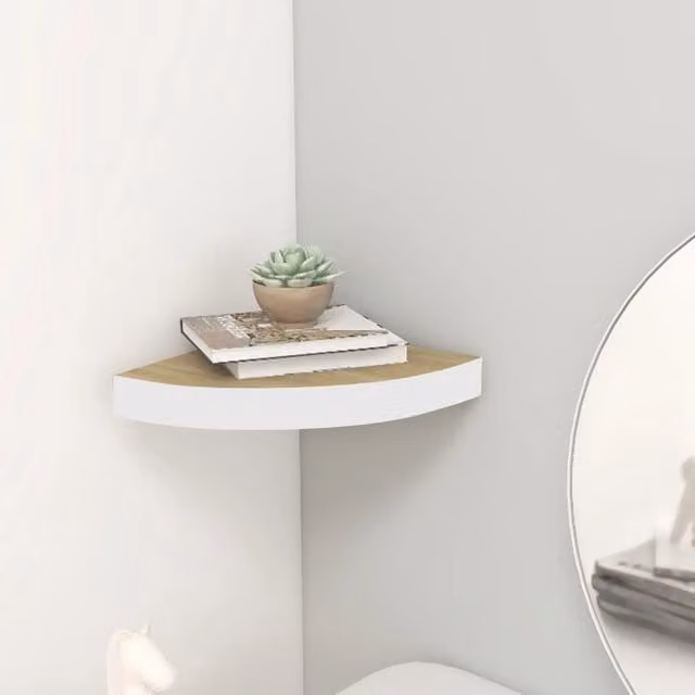 Berkfield Home Wall Mounted Corner Shelf in Oak and White, W/D/H: 35 x 35 x 3.8 cm – 1