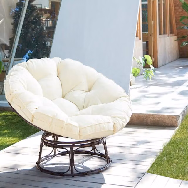 Fresno Rattan Swivel Moon Chair with Cream Cushion