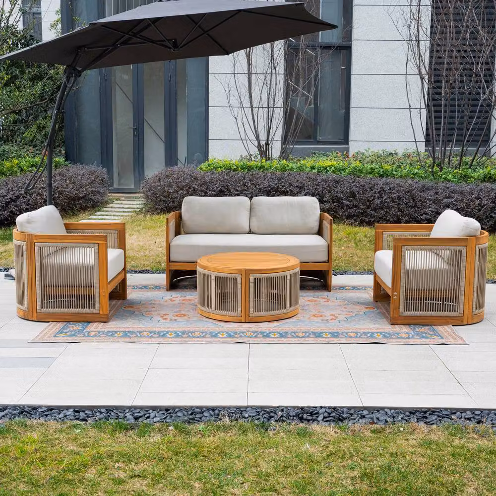 Mimo Outdoor Rope Acacia Wood Loveseat Sofa and Round Coffee Table Set in Natural with Beige Upholstered Cushions – 5
