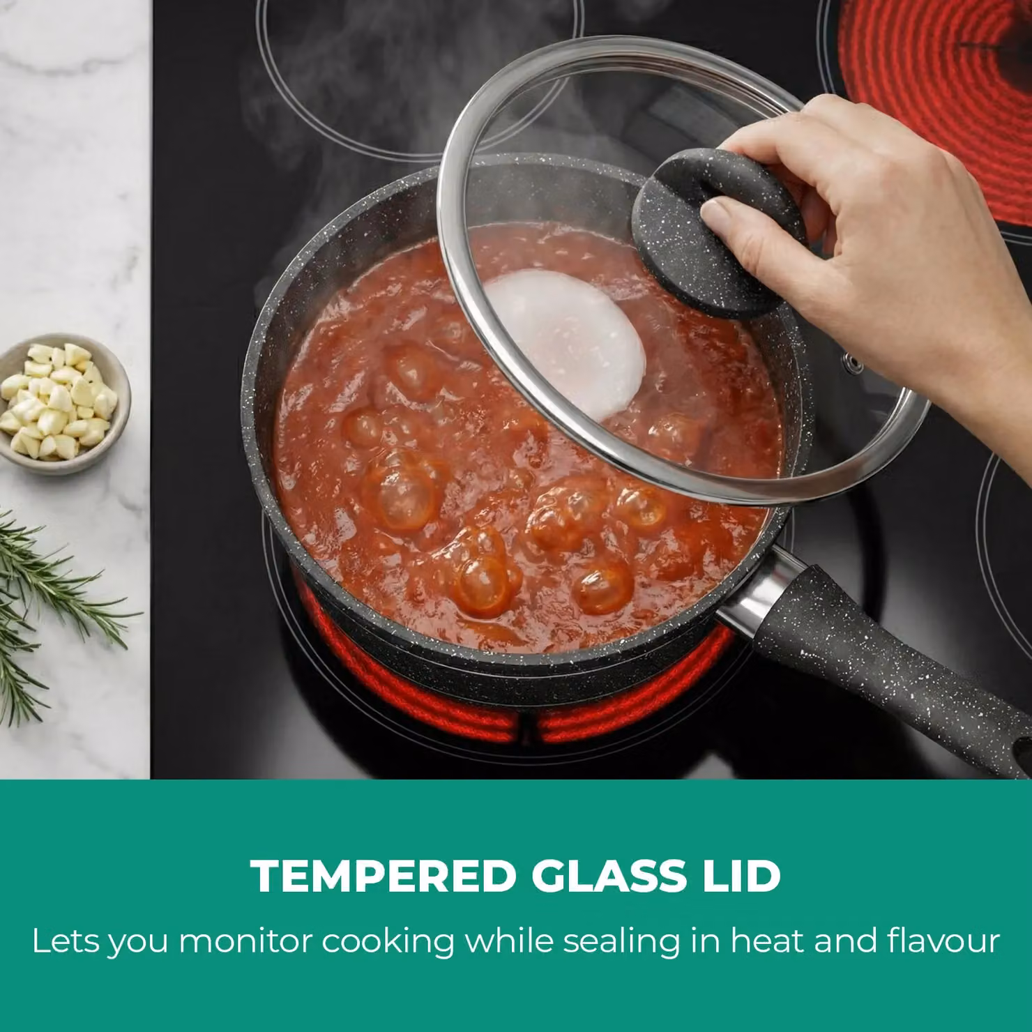 Royalford Non-Stick Granite Coating Multipurpose Saucepan with Glass Lid, Black, Diameter: 16 cm – 3