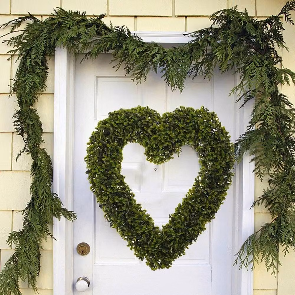 FLAVORA Green Artificial Boxwood Foliage Heart Topiary Hanging Wreath – 3