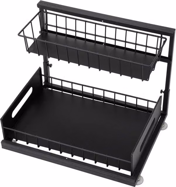 Garden Sanctuary Metal 2-Tier Under Sink Sliding Organizer in Black, W: 37.5 cm, D: 36.5 cm