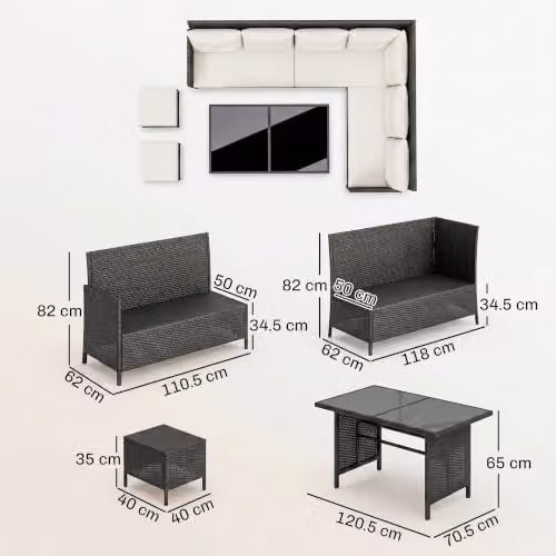 Outsunny 6 Piece L-Shape Rattan Garden Furniture Set with Ottoman and Coffee Table, Black and Grey – 6