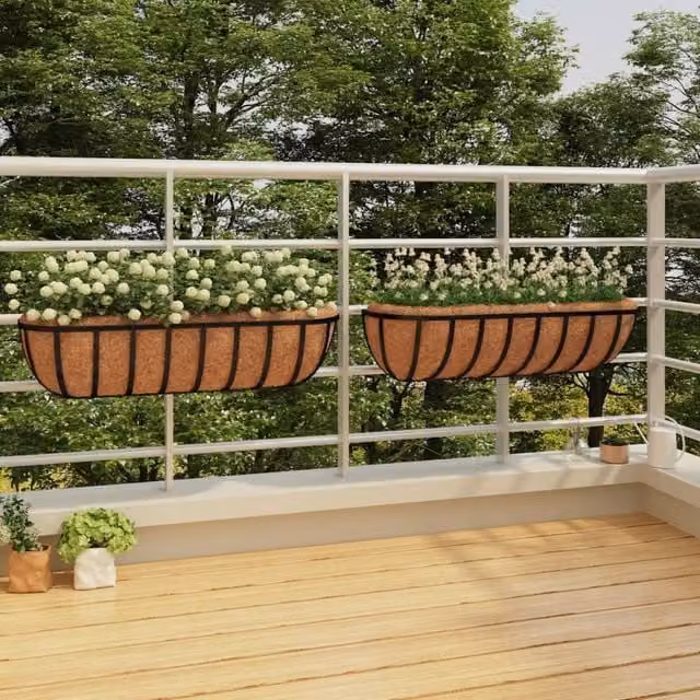 Berkfield Home Steel Wall Trough Planters with Coco Liners, Black, 2 Pack, W/D/H: 76 x 21 x 16 cm