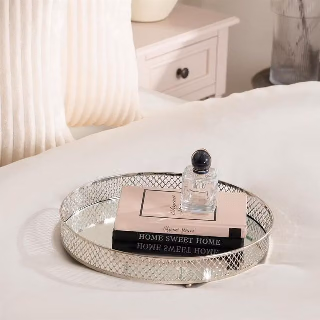 OHS Modern Round Metal Mirror Tray in Silver and Grey