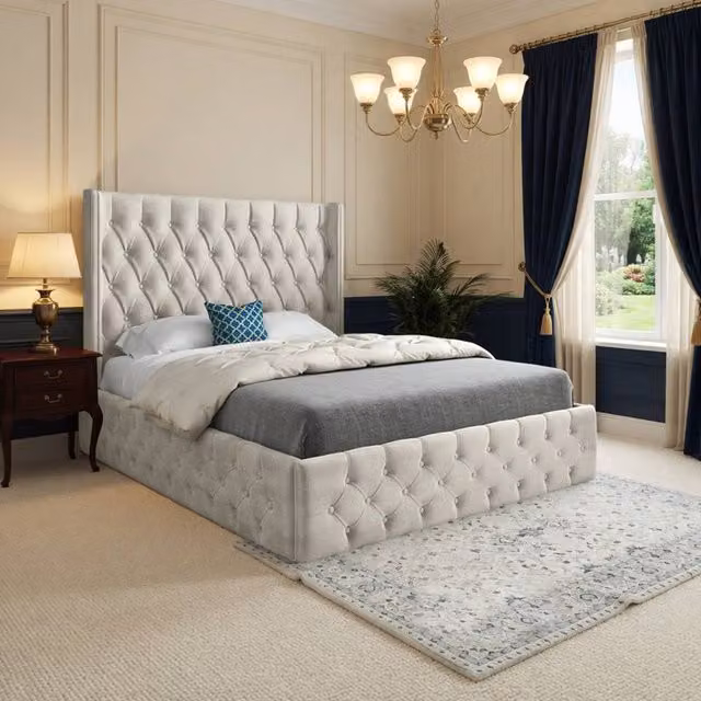 Casani Swinton Upholstered Velvet Designer Bed Frame in Beige, Size: 180 x 200 cm – 1