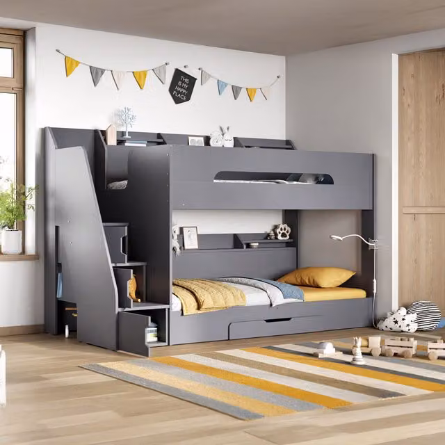 Flair Slick Staircase Bunk Bed with Storage and Drawers in Grey, Size: 90 x 190 cm – 1