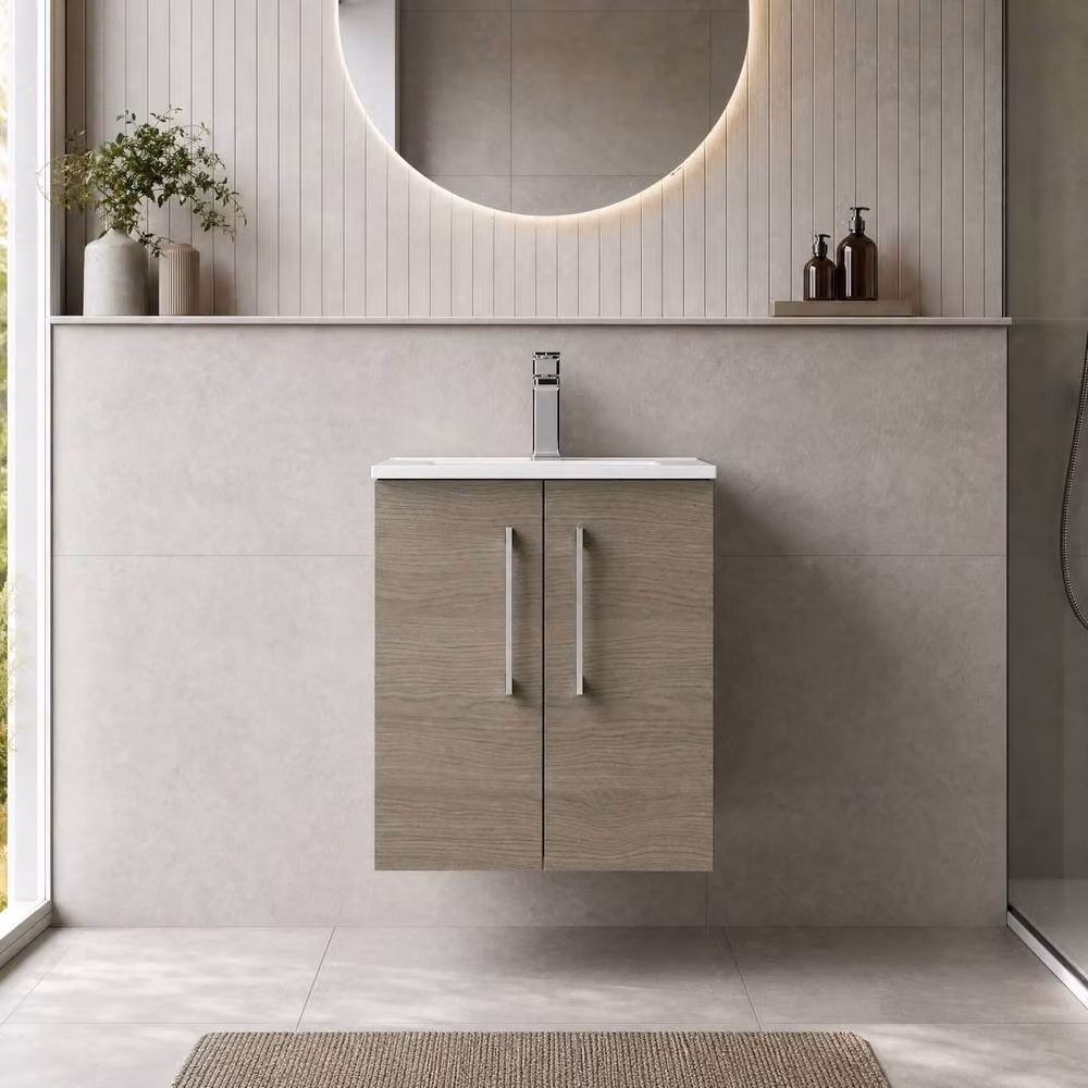 Balterley Solace Oak Wall Hung Bathroom Vanity Unit with 2 Soft Close Doors, Brown, Width: 50 cm – 2