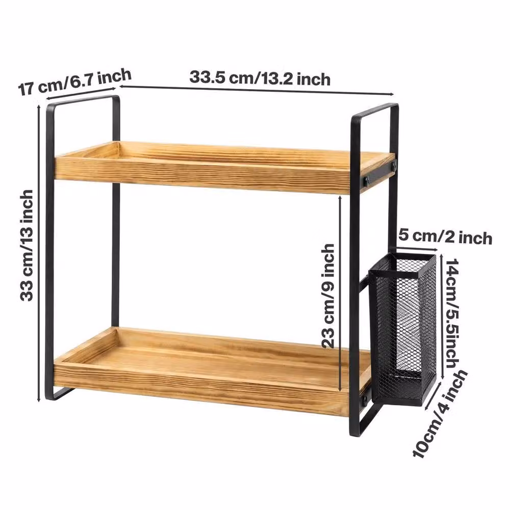 KORVIXA 2 Tier Brown Wood and Metal Bathroom Organiser – 2