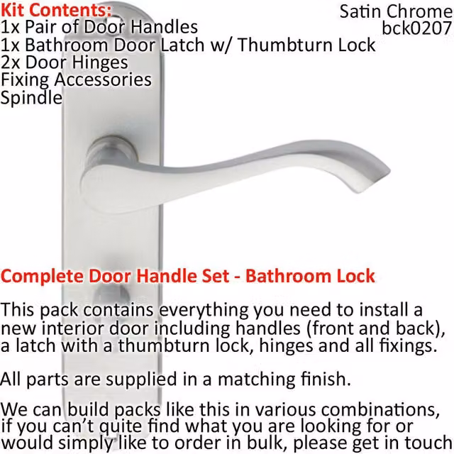 Loops Victorian Curved Arm Backplate Door Handle and Bathroom Lock Pack in Satin Chrome
