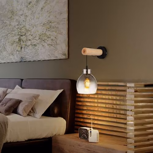 Globo Lighting Wall Lamp in Black and Wood with Grey Glass Shade, H 33 cm – 2