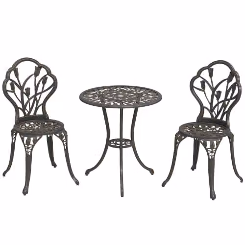 Outsunny 3 Piece Retro Aluminium Bistro Set in Bronze with Umbrella Hole – 1