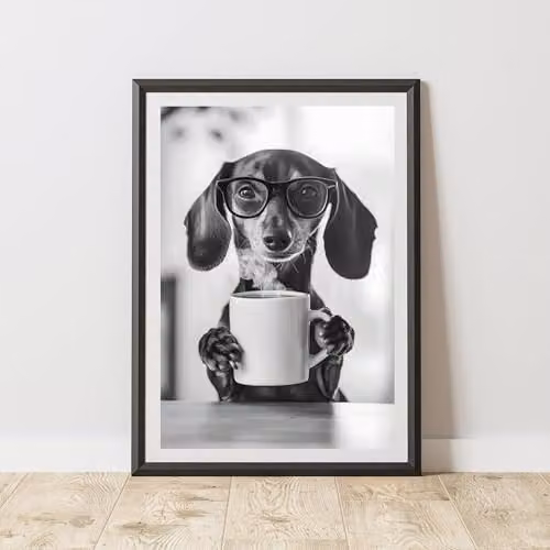 60 Second Makeover Funny Dachshund Drinking Coffee Paper Poster, A4, Multicolour