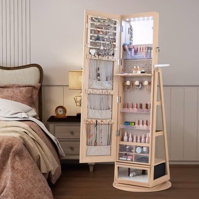 Costway 4 in 1 Swivel Lockable Jewelry Armoire in Natural Wood with LED Lighting and Mirror – 1