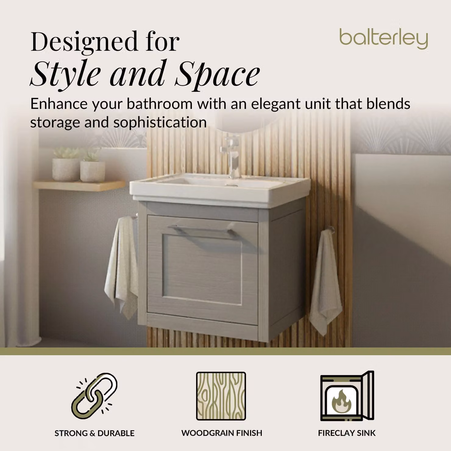 Balterley Wall Hung 1 Drawer Vanity Unit and 1TH Fireclay Basin, Grey, Width: 50 cm – 2
