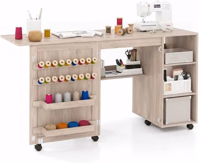 Costway Folding Sewing Table and Rolling Craft Station with 18 Pegs in Natural Wood and Beige