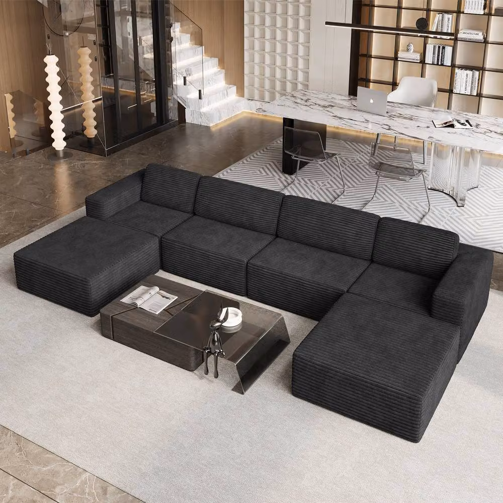 Dprodo Black Corduroy Modular U-Shape Sofa with Matching Ottoman and Removable Covers – 8
