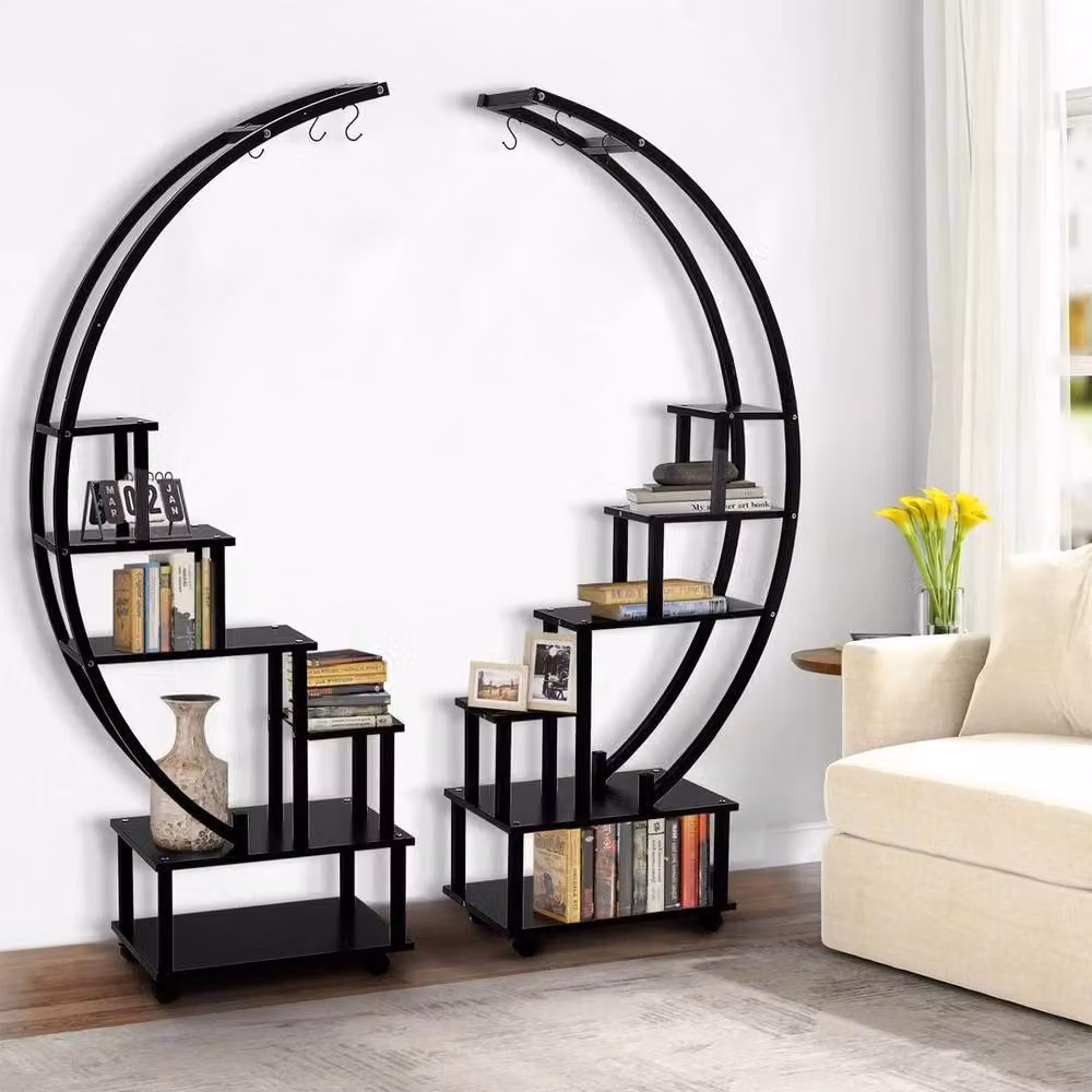 FLAVORA 6 Tier Half Moon Metal and MDF Plant Stand in Matt Black – 3