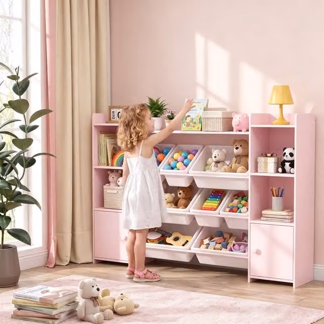 AIYAPLAY Kids Bookshelf and Toy Storage, Pink, H 90 cm x W 30 cm x D 140 cm