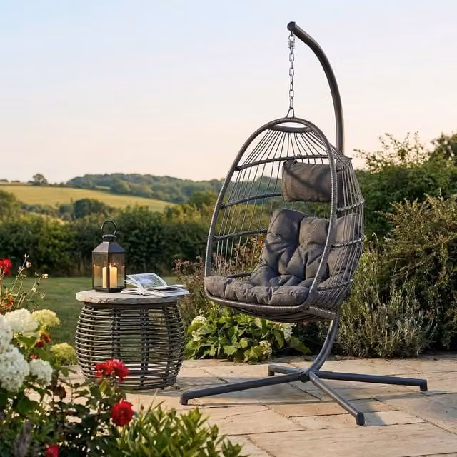 Home Garden Direct Chara Egg Hanging Chair with Stand in Black and Grey