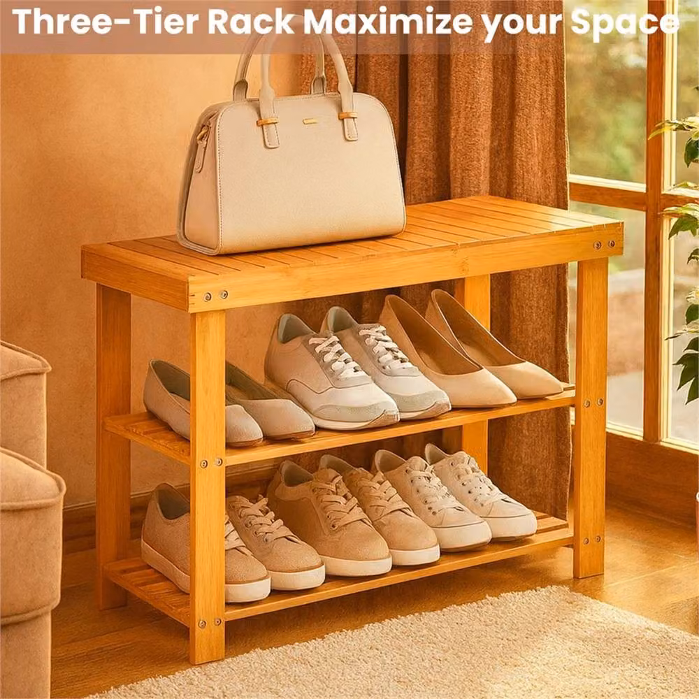 Nordara Bamboo Shoe Rack Seating Bench in Brown, W/D/H: 50 x 30 x 90 cm – 3