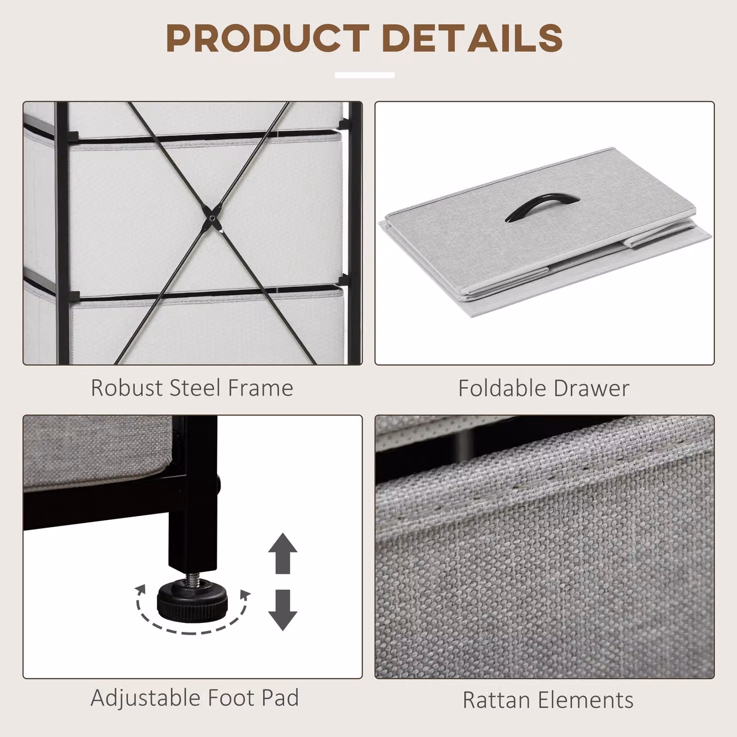 HOMCOM Industrial Chest of Drawers with 5 Fabric Drawers, Steel Frame and Wooden Top, Grey – 9
