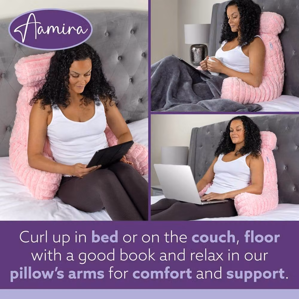 Aamira Pink Faux Fur Ribbed Memory Foam Reading Pillow Wedge Support Cushion – 3
