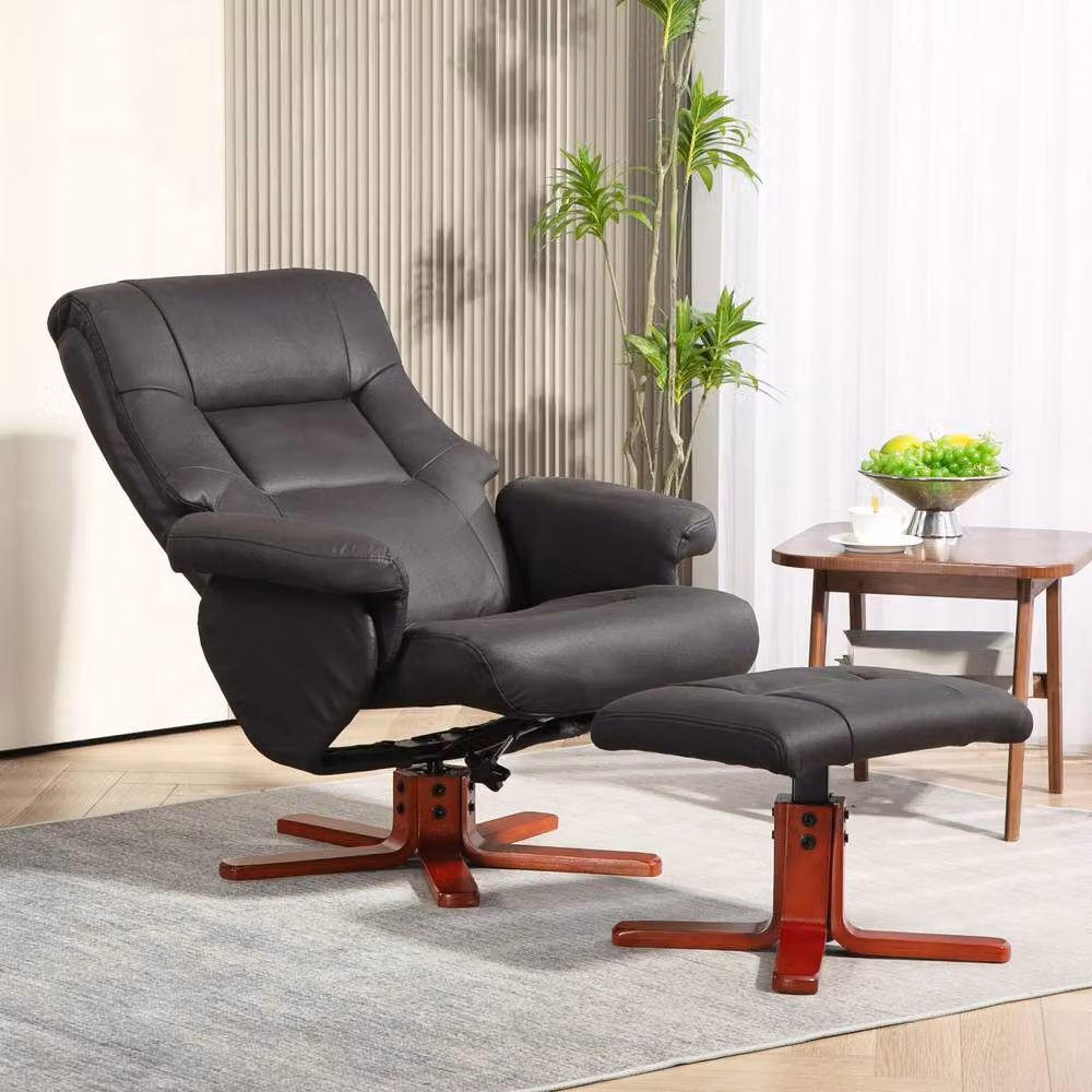 STILVORA Recliner and Footstool Set in Black with Manual Recline and Synthetic Leather Finish – 2