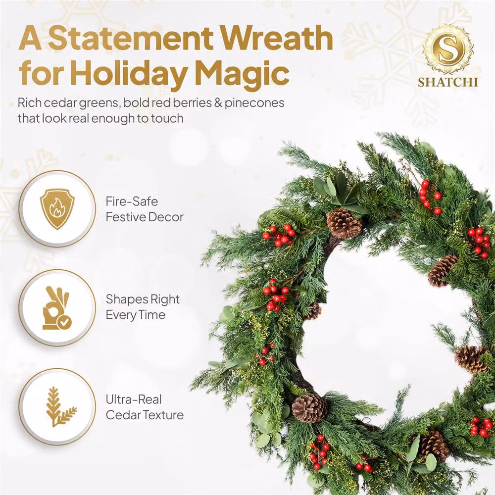 Shatchi Christmas Wreath with Red Berries and Pinecones in Green, Diameter: 90 cm – 3