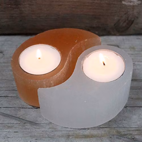 Ancient Wisdom Selenite Ying Yang Stone Tealight Candle Holder in Orange and Multicolour