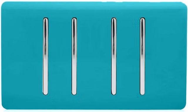 Trendi 4 Gang 2 Way Screwless Raised Front Quad Electrical Wall Light Switch in Bright Teal with Chrome Rockers – 1