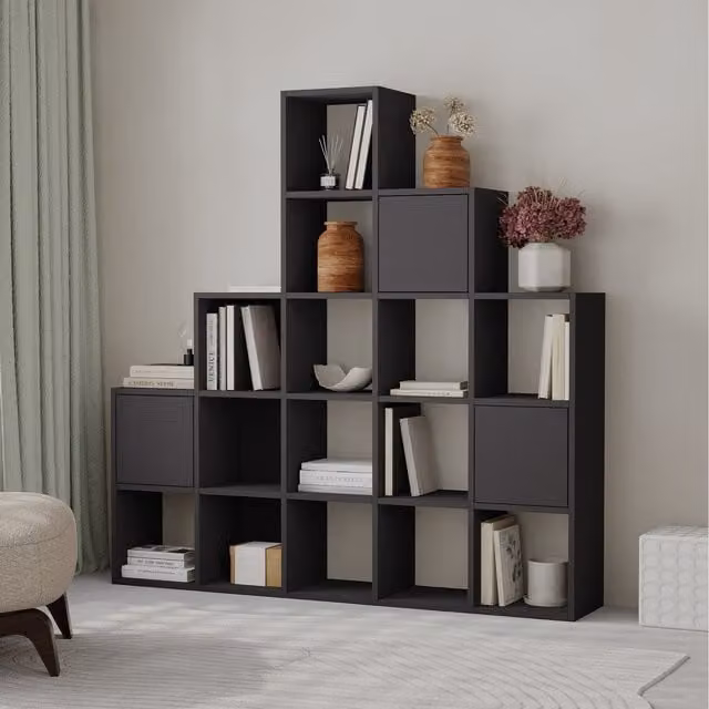Decortie Modern Corner Bookcase Set Storage Unit in Matt Black
