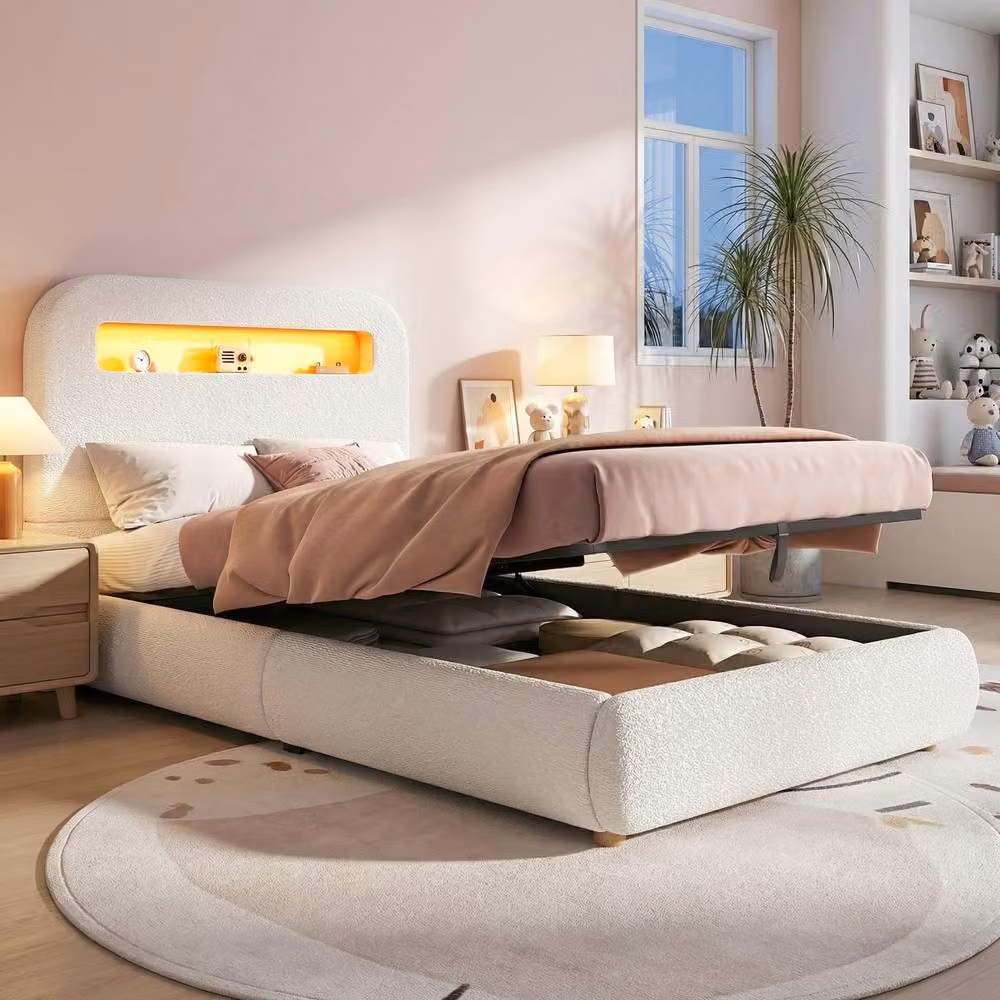 Merax White Boucle Single Ottoman Storage Bed Frame W: 90 cm, D: 190 cm – 2
