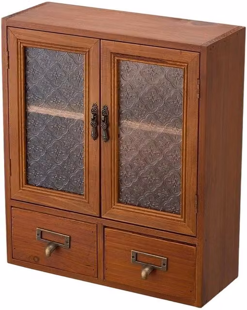 KORVIXA Rustic Brown Pine Wooden Display Cabinet with Glass Doors, W/D/H: 100 x 100 x 100 cm