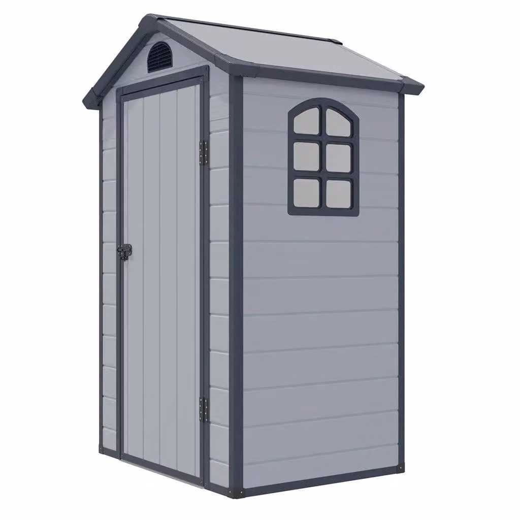 Cheshire Single Door Apex Plastic Shed in Light Grey with Window and Roof Vent – 1
