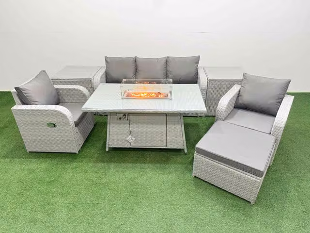 Fimous PE Rattan Garden Furniture Set in Light Grey with Reclining Chairs, Sofa, Firepit, Dining Table, 2 Side Tables and Footstool