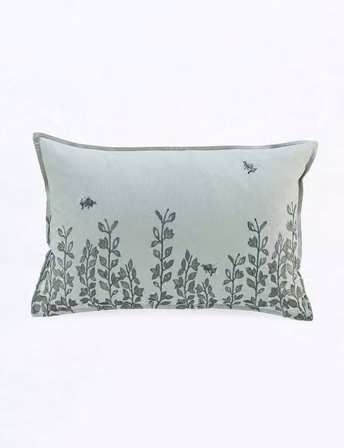 MM Linen Toby Embroidered Rectangular Bolster Cushion in Green Mix Cotton and Feather
